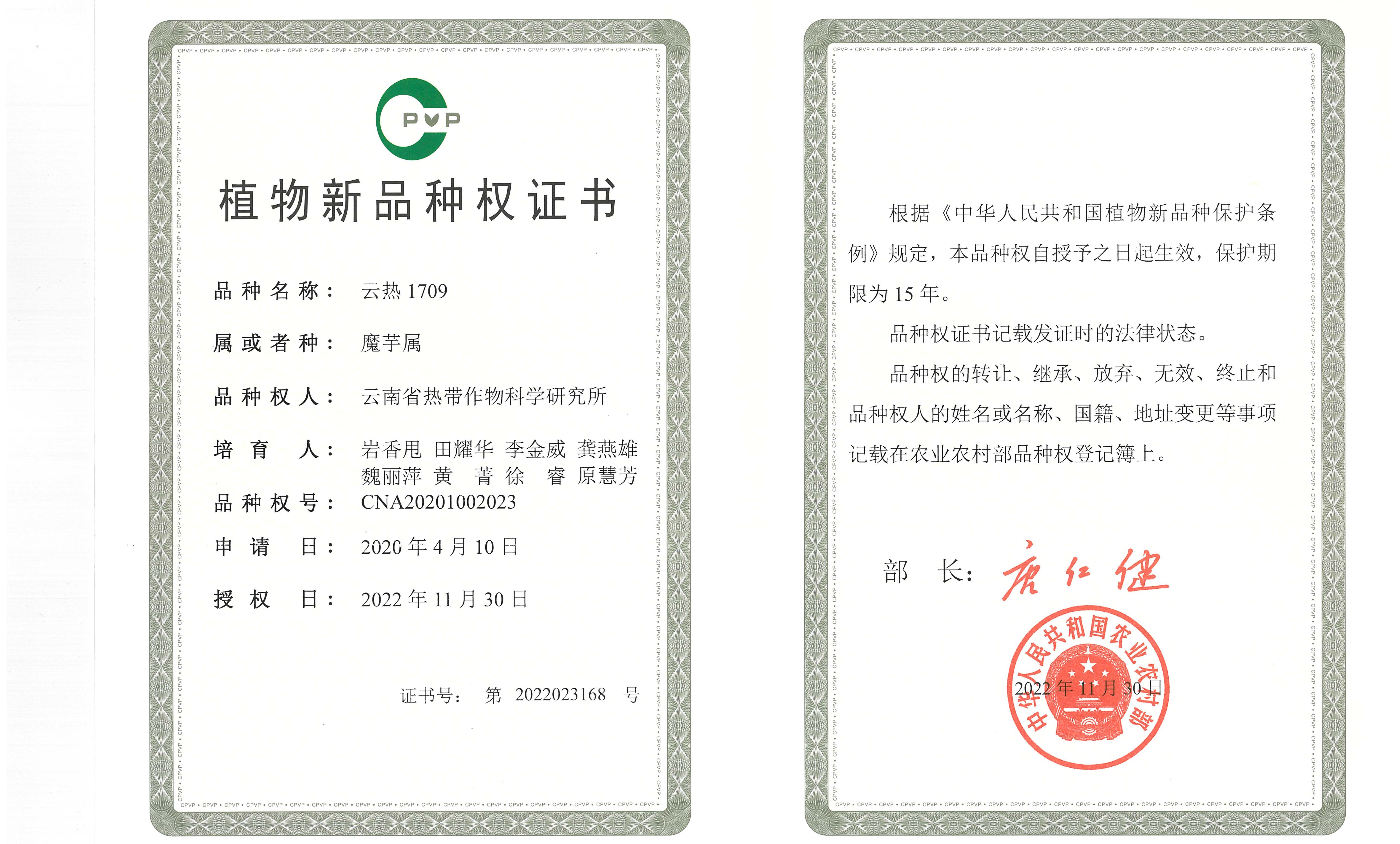 云热1709品种权证书